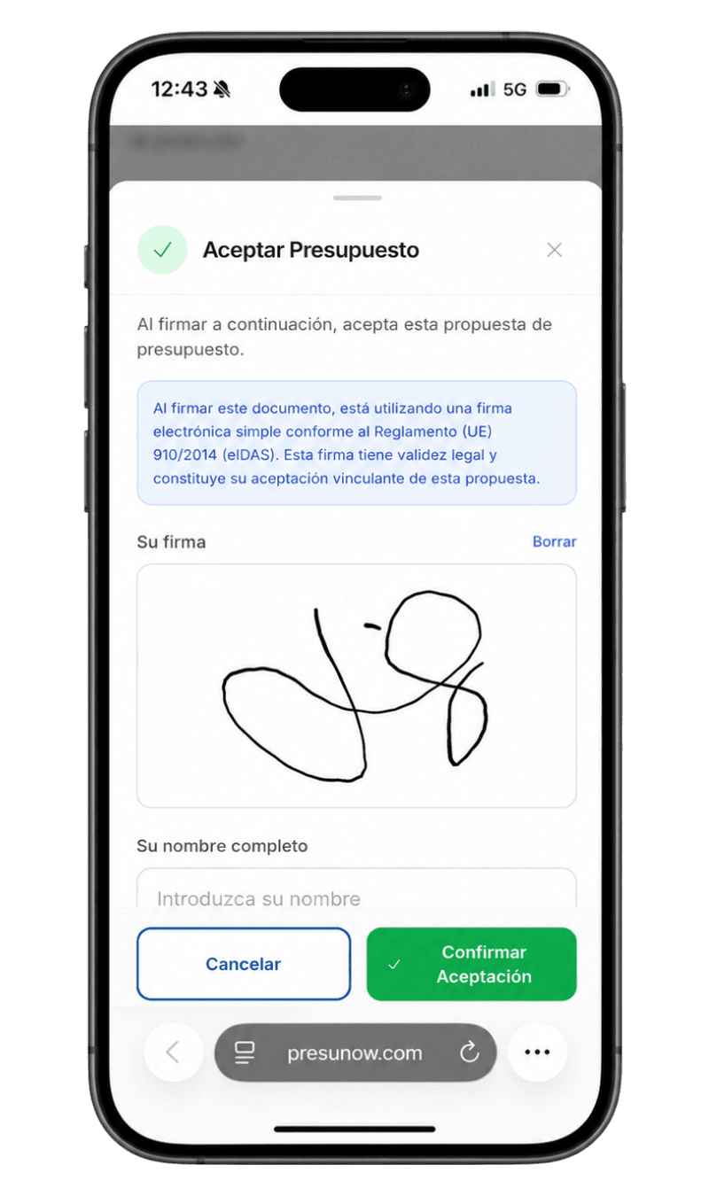 Cliente firmando y aceptando el presupuesto desde su móvil