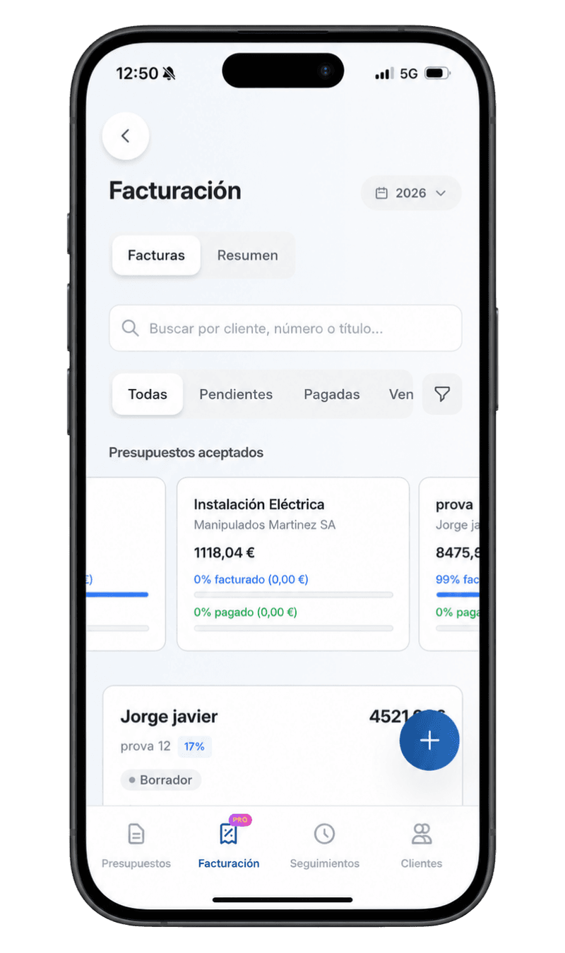 Lista de facturación de PresuNow en el móvil