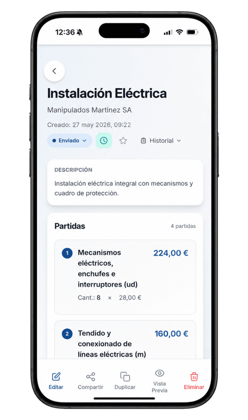 Presupuesto enviado al cliente desde el móvil