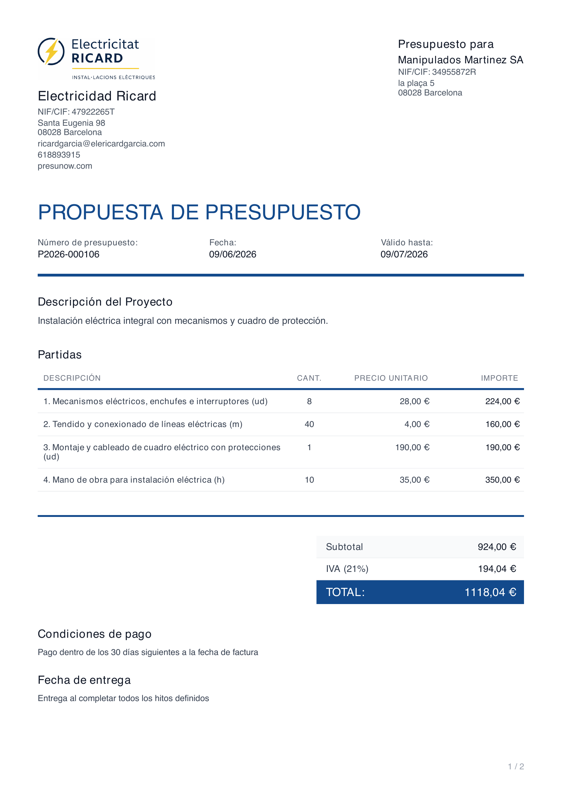 PRESUPUESTO — Instalación Eléctrica
